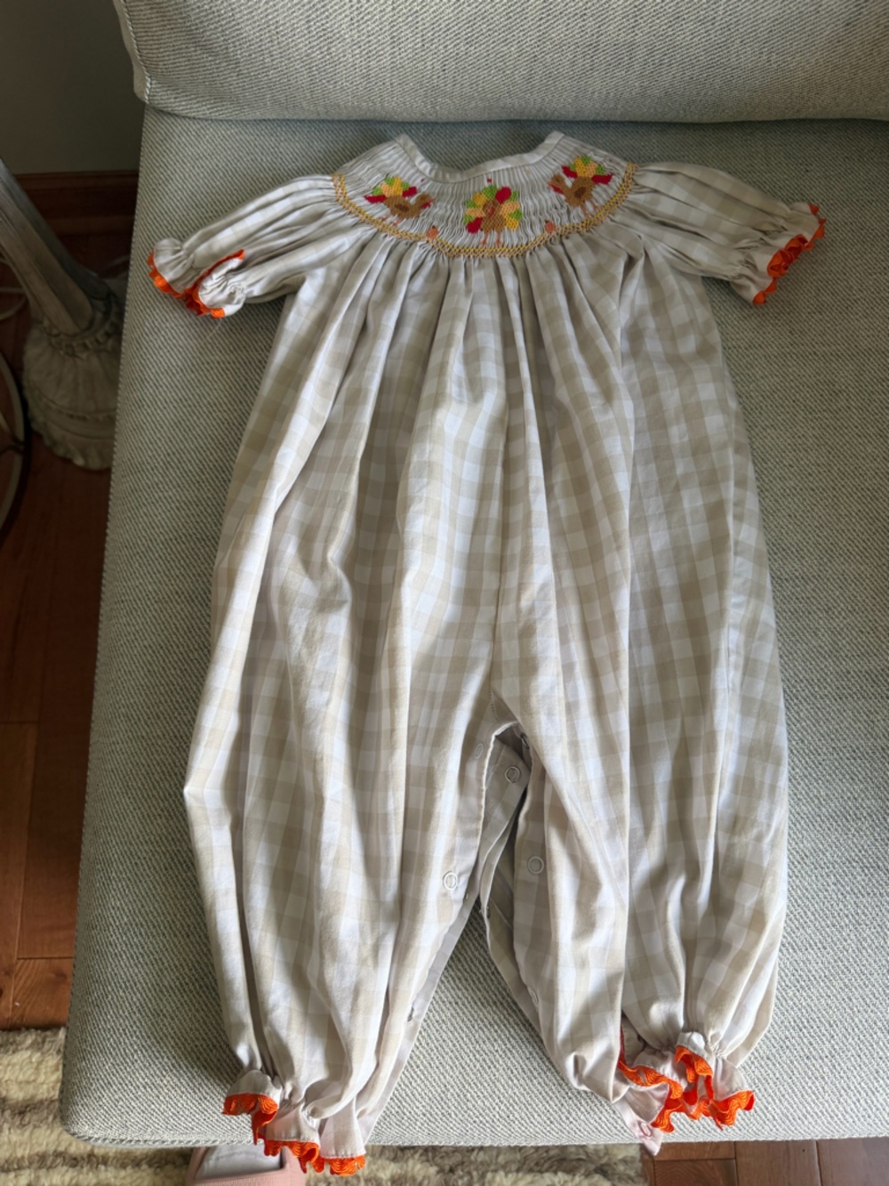 Stitchy Fish - Beige Plaid Smocked Baby Bubble embroidered with orange trim
